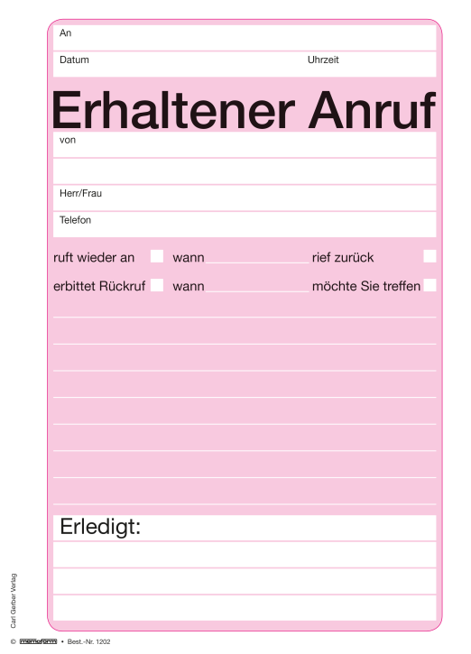 memoform - Block "Erhaltener Anruf "