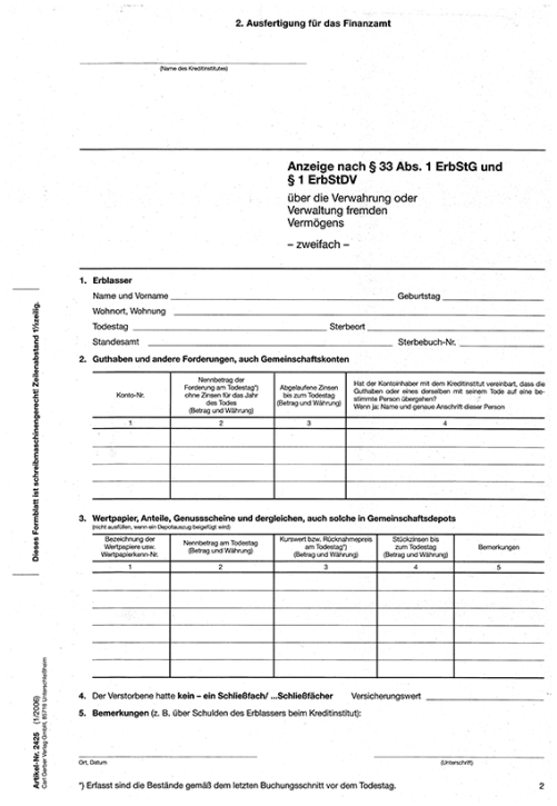 Formular - Erbschaftsanzeige nach § 33 Abs. 1 ErbStG und § 1 ErbStDV