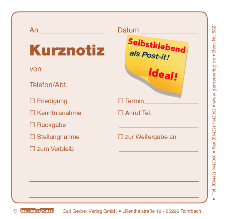 memoform "Haftnotiz-Block - Kurznotiz"