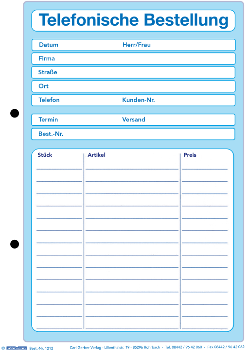 memoform -  Block "Telefonische Bestellung"